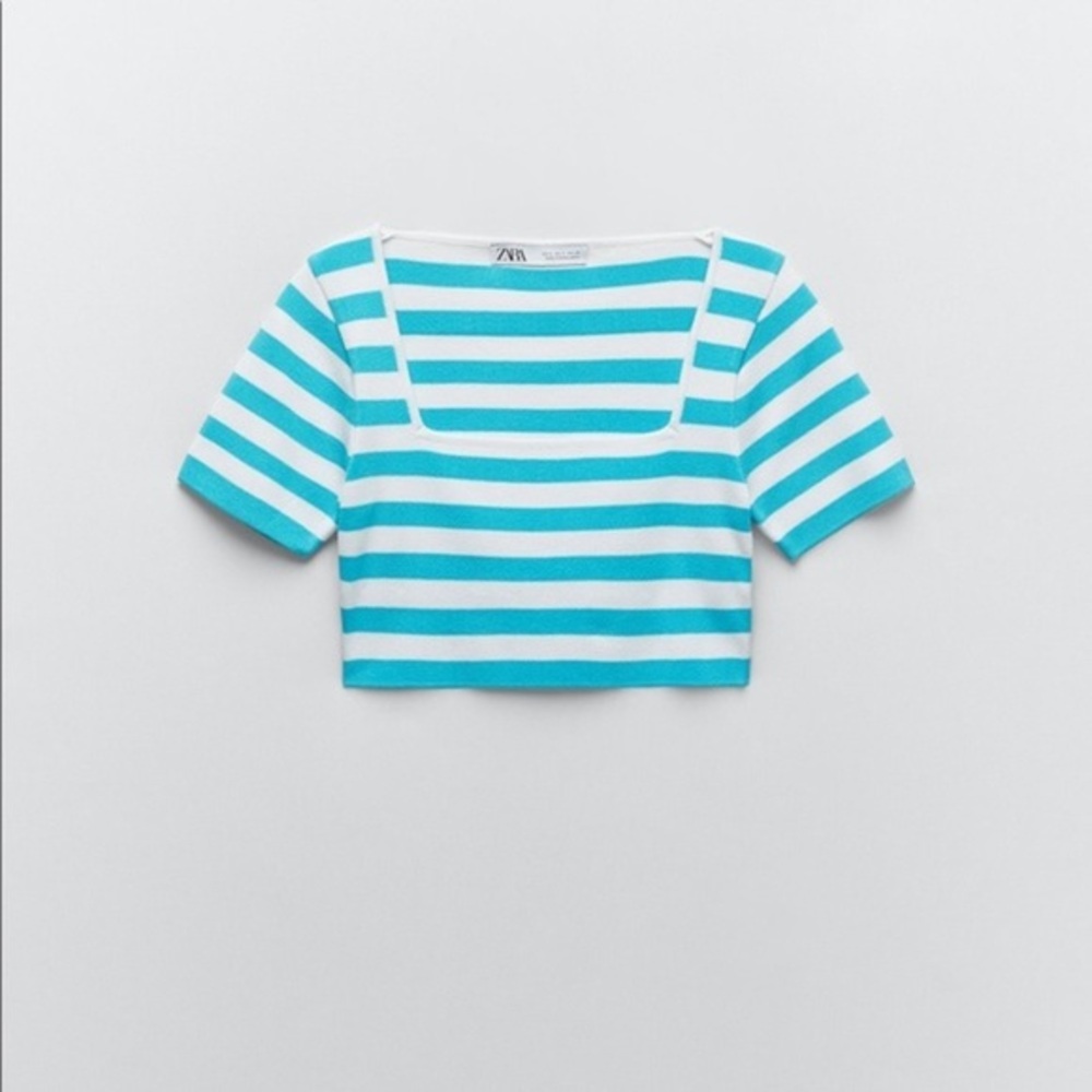 Zara blue striped cropped knit top - small